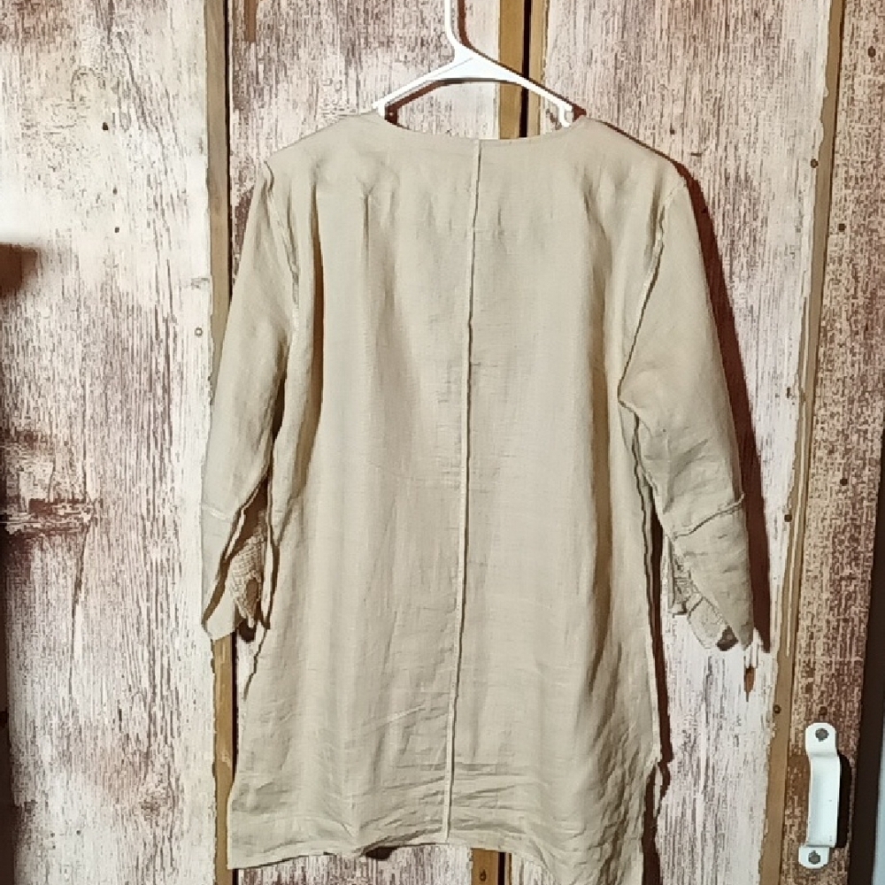 Multiples Linen Tan 3/4 Sleeve  Boxy Tunic With Decorative Panels Small - Picture 8 of 10